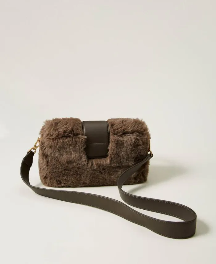 Twinset Shoulder Bags 039Amie039 Medium Faux Fur Shoulder Bag Dark Taupe 8211 Bags