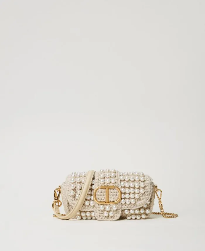 Twinset Shoulder Bags 039Amie039 Small Crochet Shoulder Bag With Pearls Old White 8211 Bags Twinset Shoulder Bags 039Amie039 Small Crochet Shoulder Bag With Pearls Old White 8211 Bags