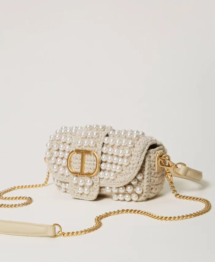 Twinset Shoulder Bags 039Amie039 Small Crochet Shoulder Bag With Pearls Old White 8211 Bags