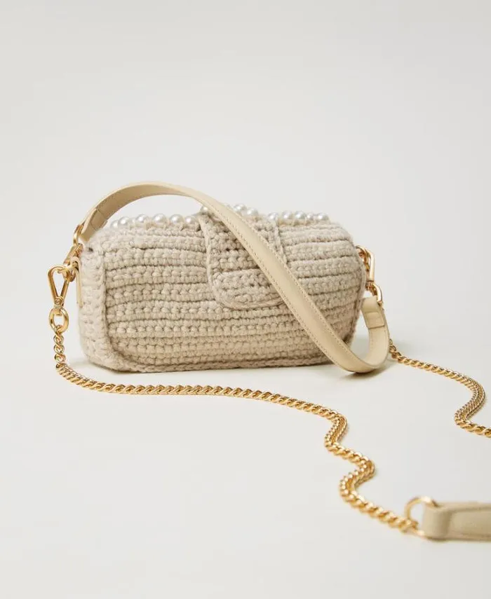 Twinset Shoulder Bags 039Amie039 Small Crochet Shoulder Bag With Pearls Old White 8211 Bags
