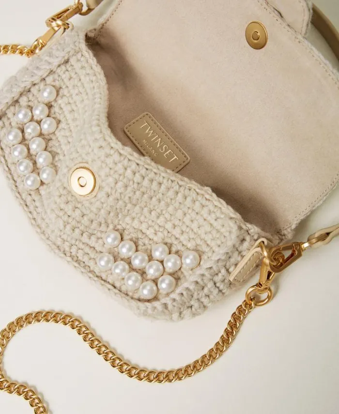 Twinset Shoulder Bags 039Amie039 Small Crochet Shoulder Bag With Pearls Old White 8211 Bags