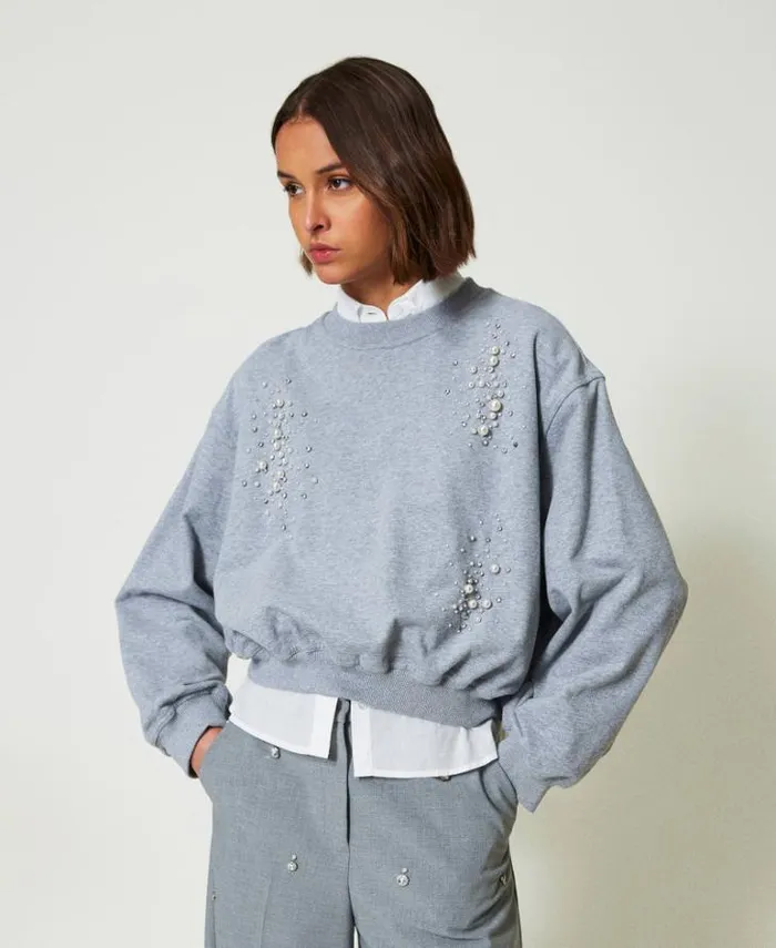 Twinset Sweatshirts Boxy Sweatshirt With Handmade Embroidery Melange Grey 8211 Clothing