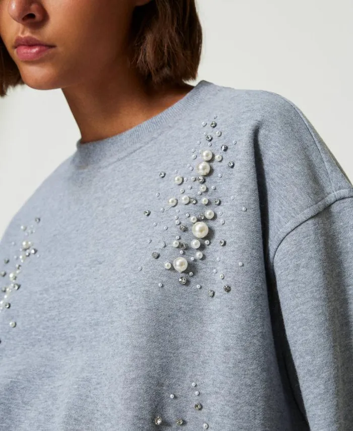 Twinset Sweatshirts Boxy Sweatshirt With Handmade Embroidery Melange Grey 8211 Clothing