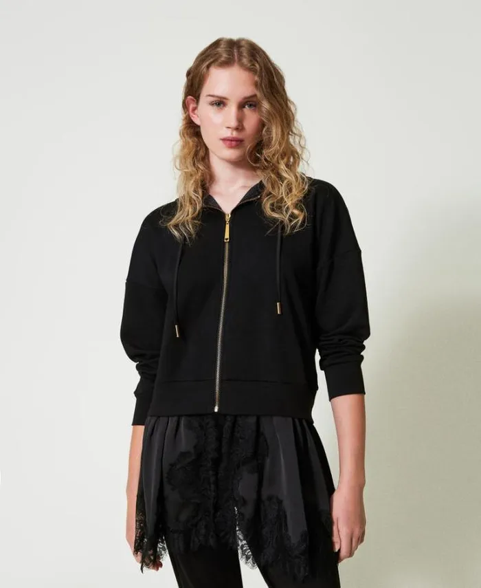 Twinset Sweatshirts Hoodie With Satin And Lace Black 8211 Clothing