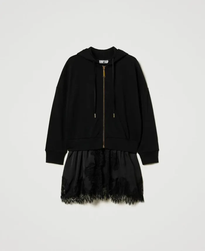 Twinset Sweatshirts Hoodie With Satin And Lace Black 8211 Clothing