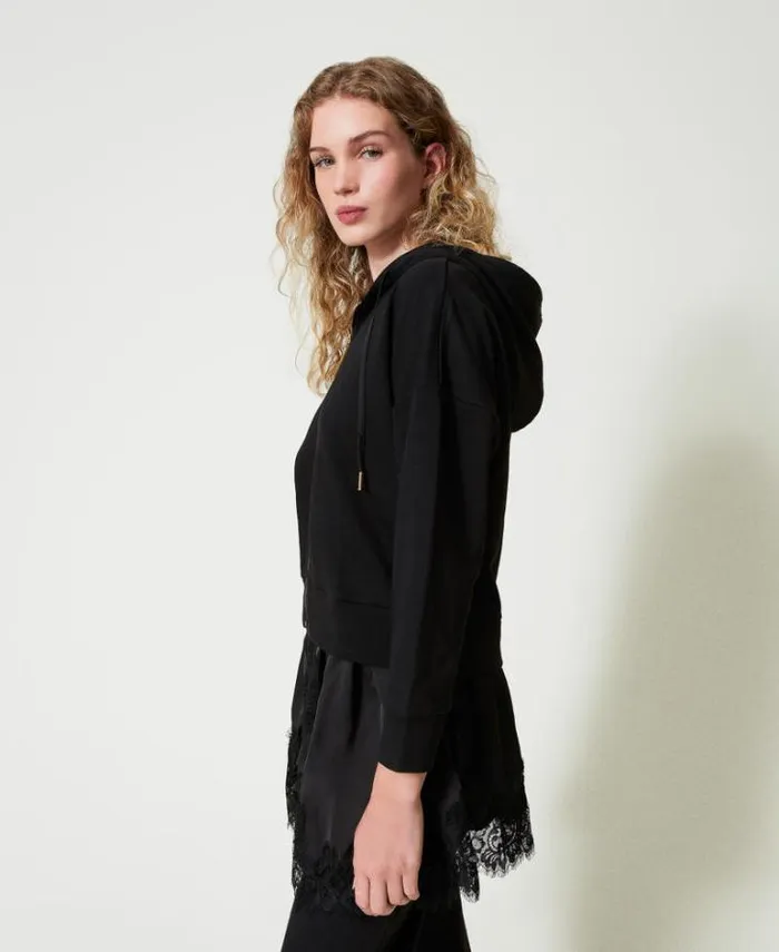 Twinset Sweatshirts Hoodie With Satin And Lace Black 8211 Clothing