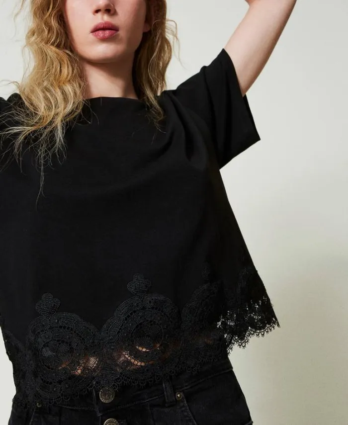 Twinset TShirts And Tops Macram Lace Cropped Tshirt Black 8211 Clothing
