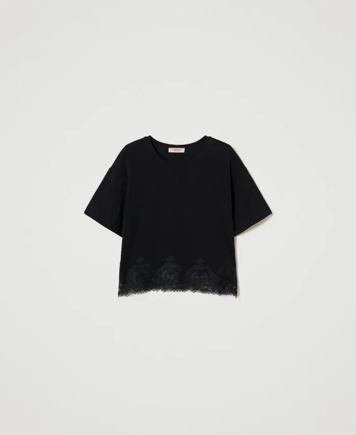 Twinset TShirts And Tops Macram Lace Cropped Tshirt Black 8211 Clothing