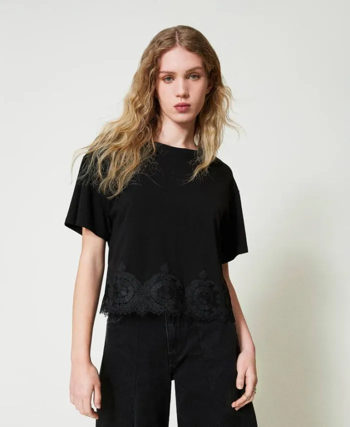Twinset TShirts And Tops Macram Lace Cropped Tshirt Black 8211 Clothing