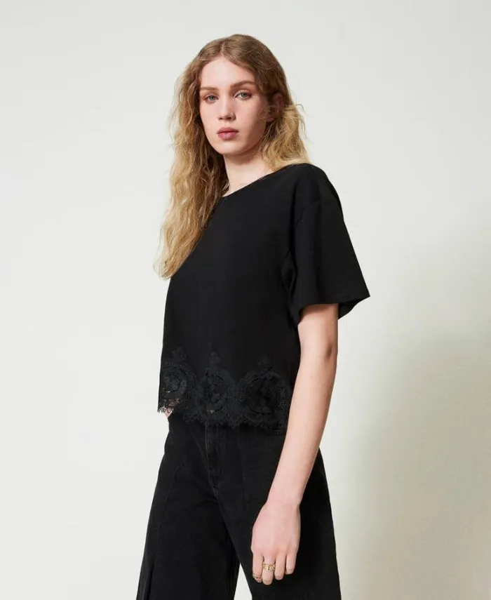 Twinset TShirts And Tops Macram Lace Cropped Tshirt Black 8211 Clothing