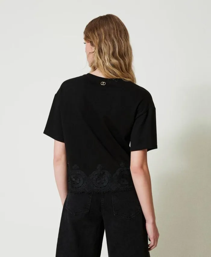 Twinset TShirts And Tops Macram Lace Cropped Tshirt Black 8211 Clothing