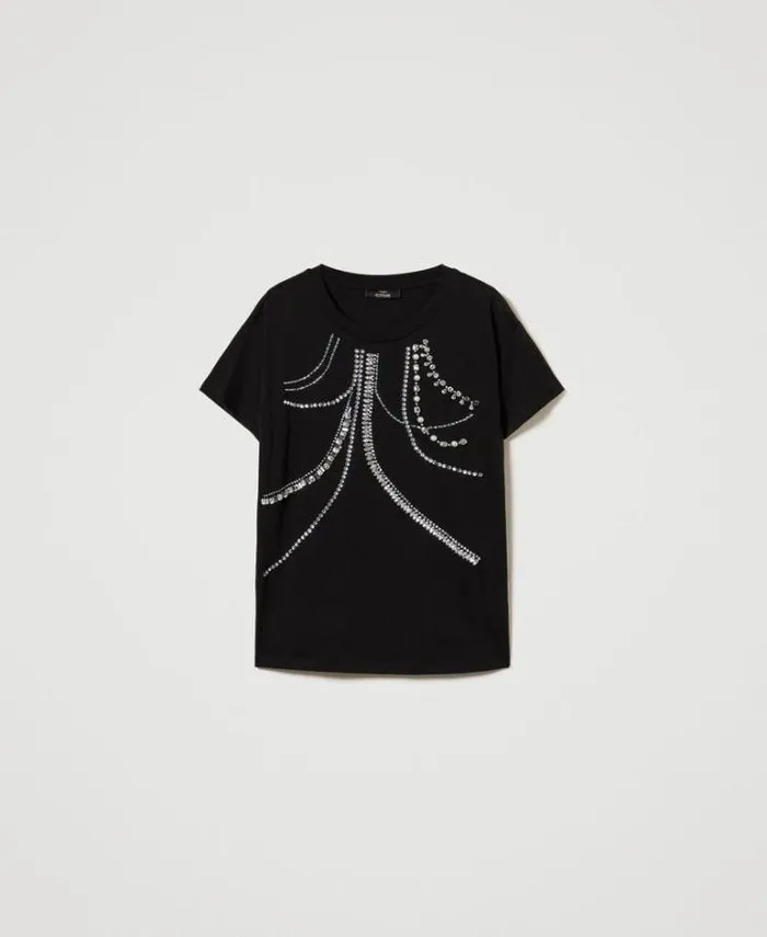 Twinset TShirts And Tops Tshirt With Embroidery And Pearls Black 8211 Clothing
