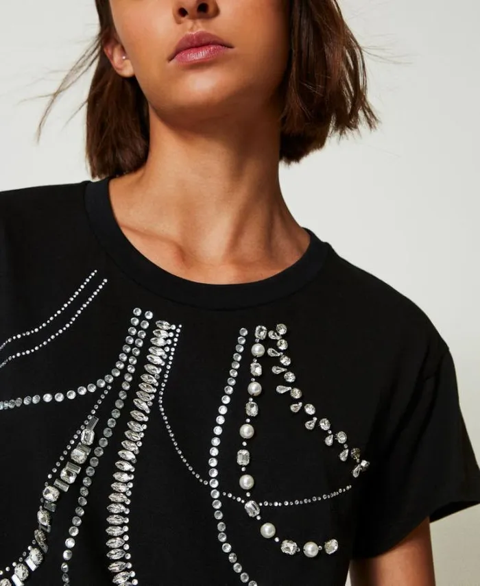 Twinset TShirts And Tops Tshirt With Embroidery And Pearls Black 8211 Clothing