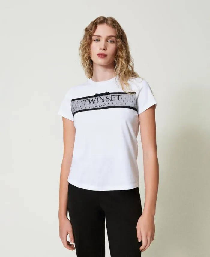 Twinset TShirts And Tops Tshirt With Tulle Flounce And Embroidered Logo White 8211 Clothing Twinset TShirts And Tops Tshirt With Tulle Flounce And Embroidered Logo White 8211 Clothing
