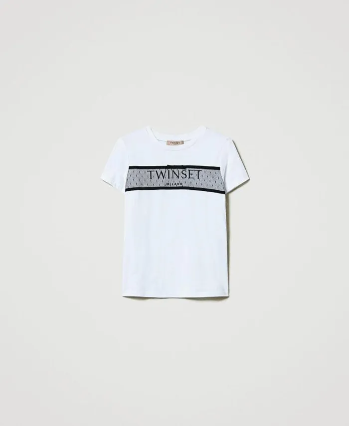 Twinset TShirts And Tops Tshirt With Tulle Flounce And Embroidered Logo White 8211 Clothing