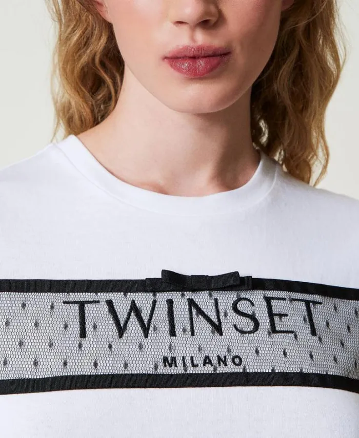 Twinset TShirts And Tops Tshirt With Tulle Flounce And Embroidered Logo White 8211 Clothing