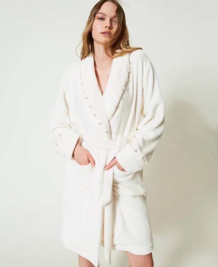 Twinset Underwear And Nightwear Faux Fur Dressing Gown With Pearls Antique White 8211 Clothing