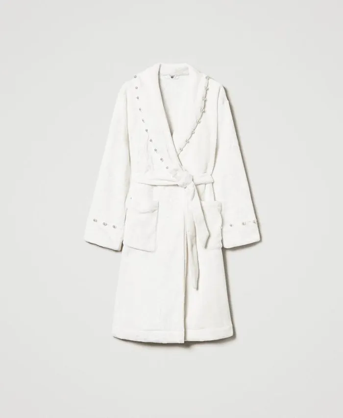 Twinset Underwear And Nightwear Faux Fur Dressing Gown With Pearls Antique White 8211 Clothing