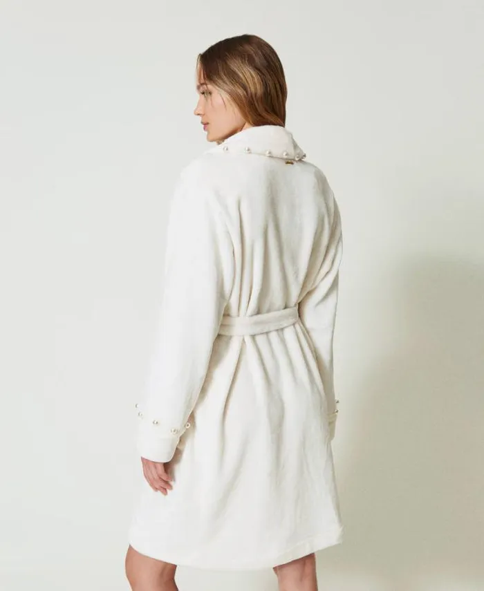 Twinset Underwear And Nightwear Faux Fur Dressing Gown With Pearls Antique White 8211 Clothing