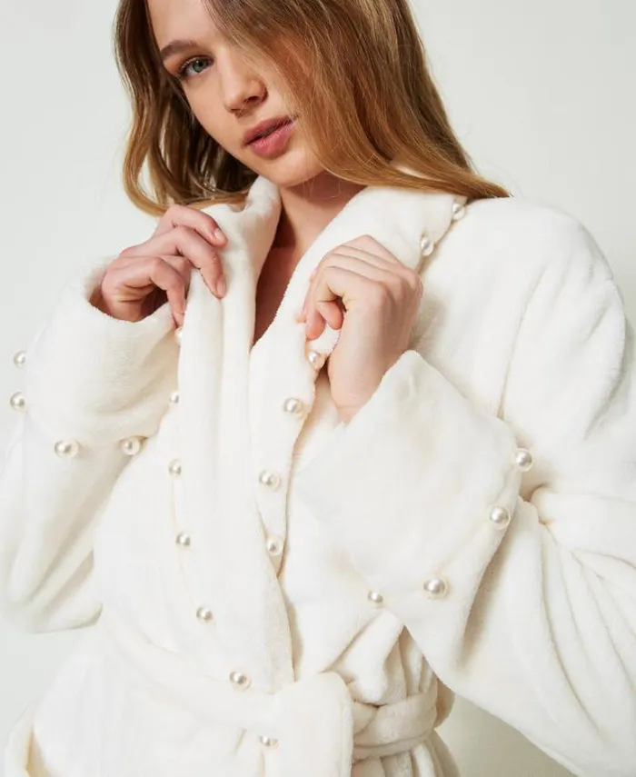 Twinset Underwear And Nightwear Faux Fur Dressing Gown With Pearls Antique White 8211 Clothing