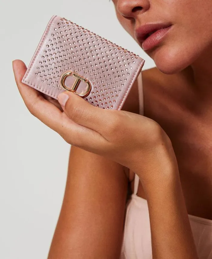 Twinset Wallets And Keyrings Satin Wallet With Rhinestones And Oval T Peachy Keen Pink 8211 Accessories