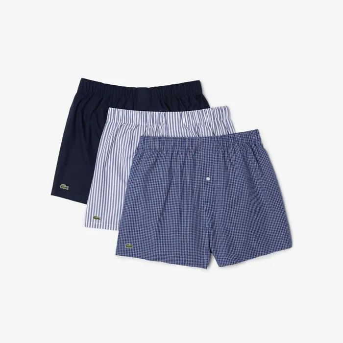 Underwear and Socks Men Lacoste Men039s 3Pack Striped Boxers Navy Blue White Blue 82150