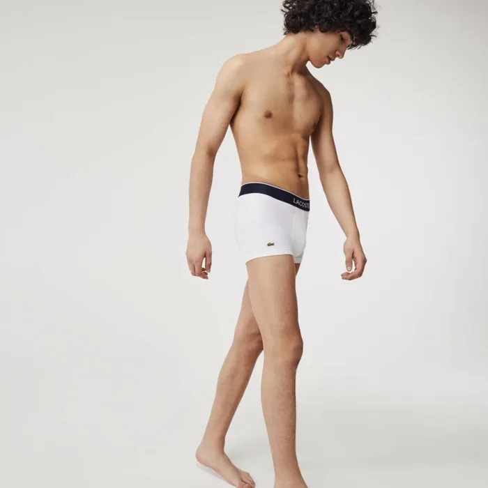 Underwear and Socks Men Lacoste Men039s Casual Signature Boxer Trunks 3Pack Navy Blue Blue White Kgn
