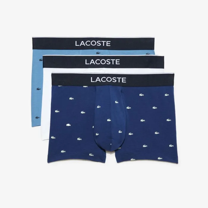 Underwear and Socks Men Lacoste Men039s Casual Signature Boxer Trunks 3Pack Navy Blue Blue White Kgn