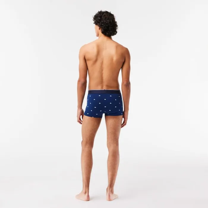 Underwear and Socks Men Lacoste Men039s Casual Signature Boxer Trunks 3Pack Navy Blue Grey Chine Red W3t