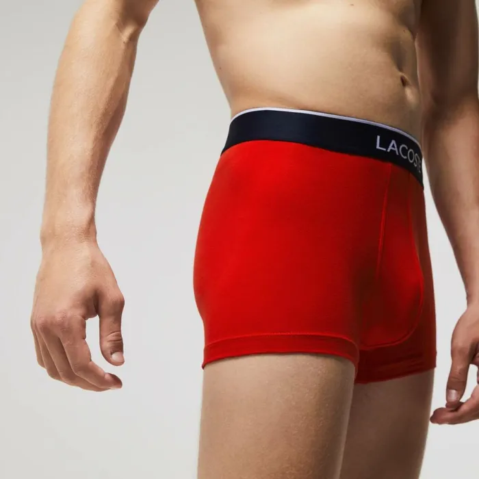 Underwear and Socks Men Lacoste Men039s Casual Signature Boxer Trunks 3Pack Navy Blue Grey Chine Red W3t