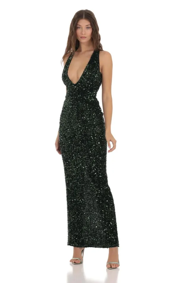 Velvet Sequin Plunge Neck Dress Green Women LUCY IN THE SKY Maxi Dresses