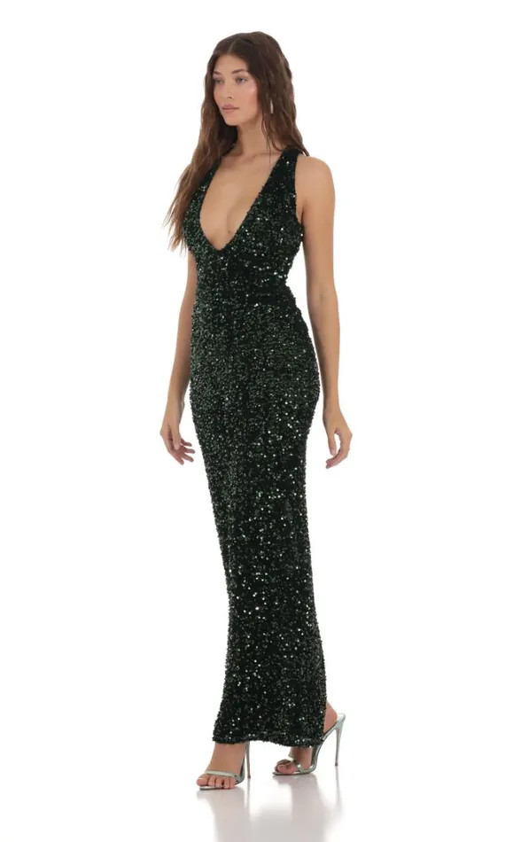 Velvet Sequin Plunge Neck Dress Green Women LUCY IN THE SKY Maxi Dresses Velvet Sequin Plunge Neck Dress Green Women LUCY IN THE SKY Maxi Dresses