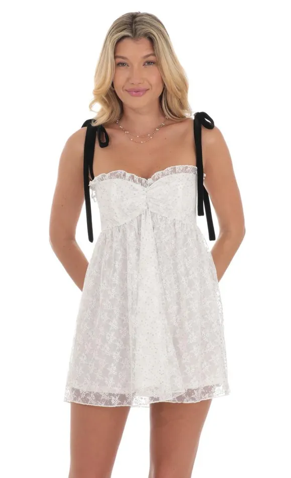 Velvet Shoulder Ties Shimmer Babydoll Dress White Women LUCY IN THE SKY Mini Dresses