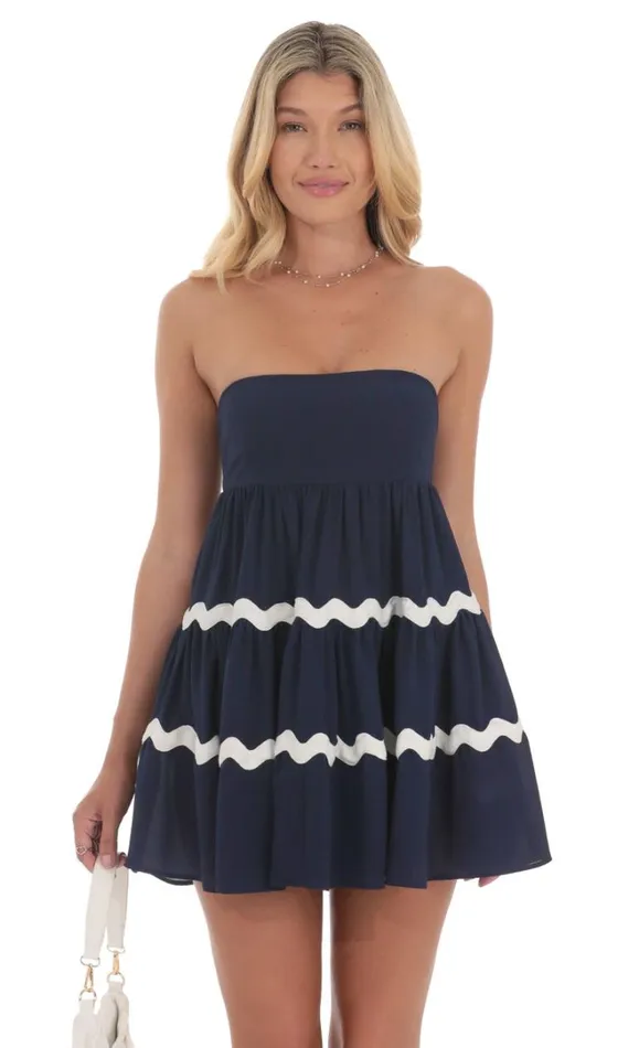 Wavy Stripe Babydoll Dress Navy Women LUCY IN THE SKY Mini Dresses