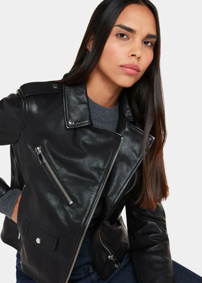 Whistles Agnes Pocket Leather Jacket Black Women Coats and Jackets