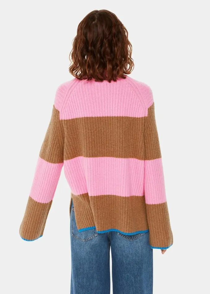 Whistles Block Stripe Rib Funnel Neck Pinkmulti Women Sweaters and Cashmere