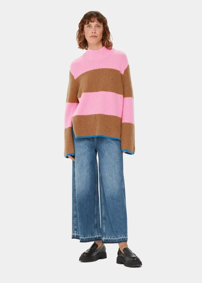 Whistles Block Stripe Rib Funnel Neck Pinkmulti Women Sweaters and Cashmere