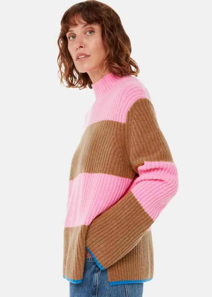 Whistles Block Stripe Rib Funnel Neck Pinkmulti Women Sweaters and Cashmere