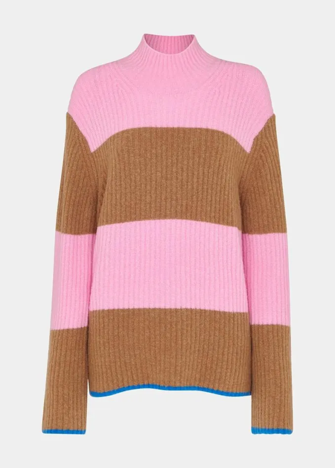 Whistles Block Stripe Rib Funnel Neck Pinkmulti Women Sweaters and Cashmere