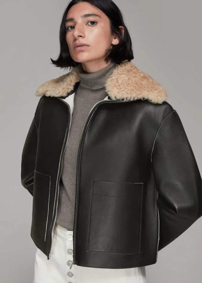 Whistles Bonded Shearling Collar Jacket Black Women Coats and Jackets