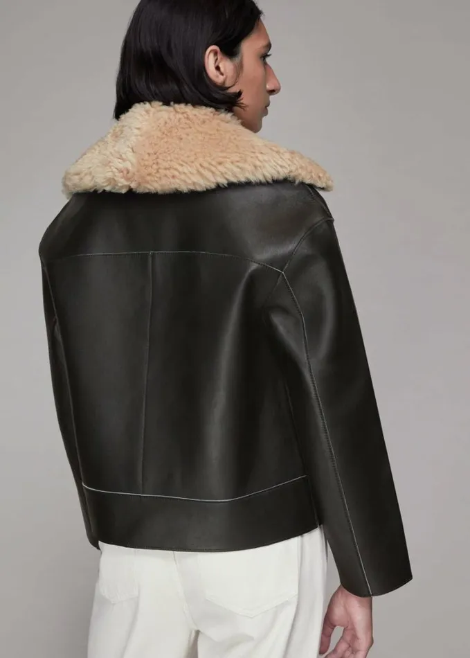 Whistles Bonded Shearling Collar Jacket Black Women Coats and Jackets