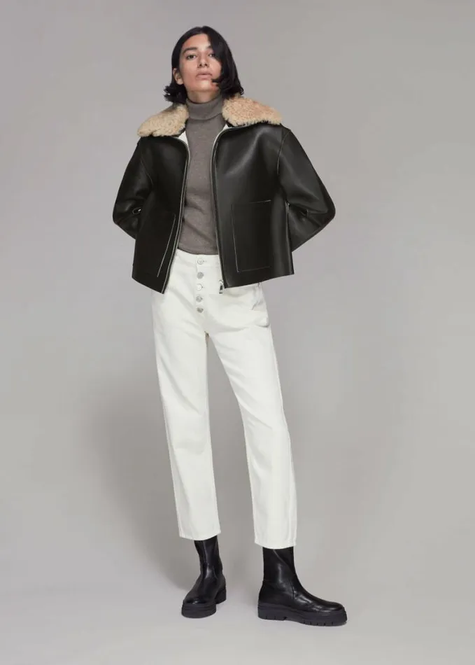 Whistles Bonded Shearling Collar Jacket Black Women Coats and Jackets