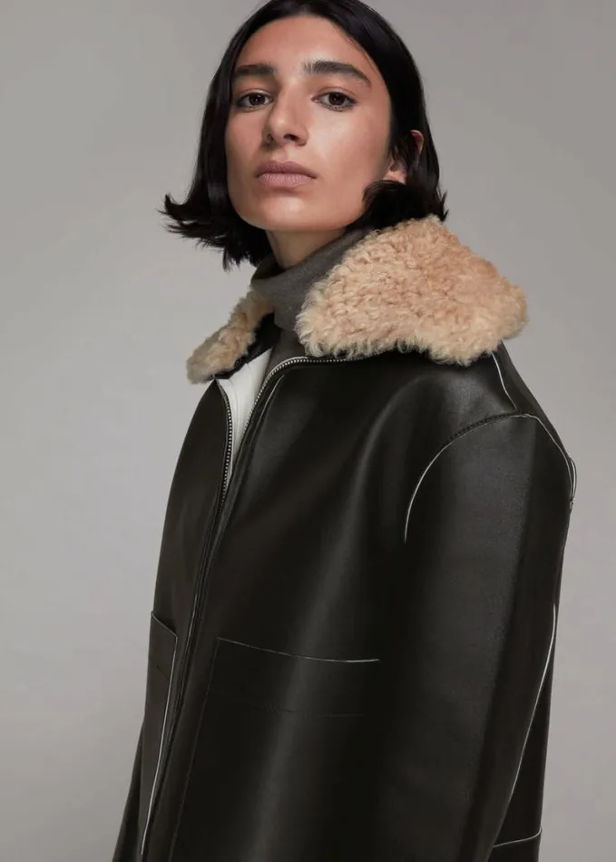 Whistles Bonded Shearling Collar Jacket Black Women Coats and Jackets