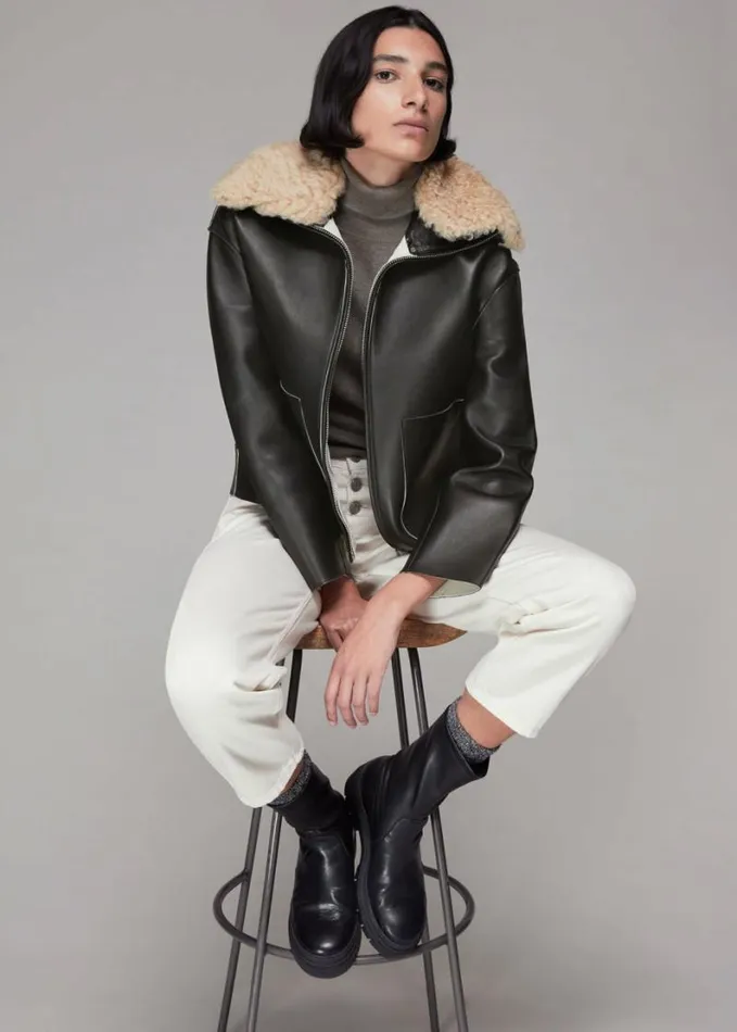 Whistles Bonded Shearling Collar Jacket Black Women Coats and Jackets