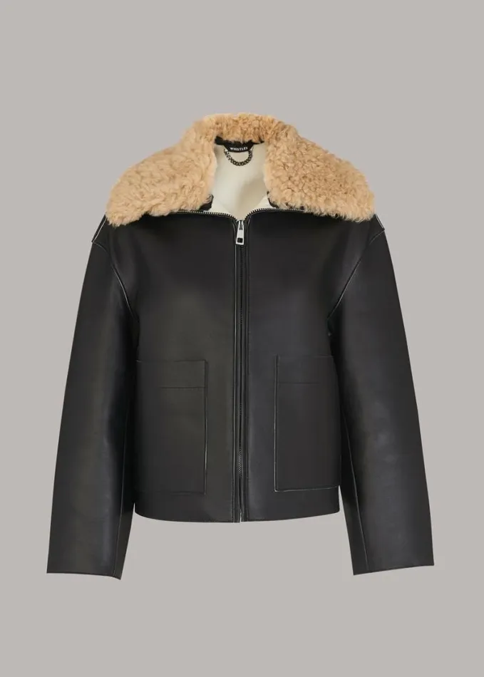 Whistles Bonded Shearling Collar Jacket Black Women Coats and Jackets
