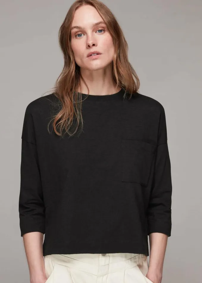 Whistles Cotton Patch Pocket Top Black Women Tops