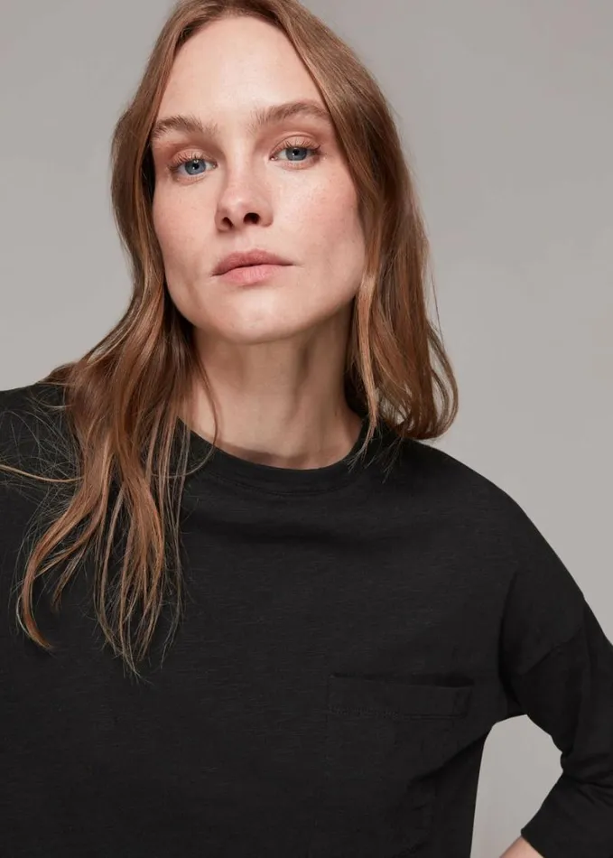 Whistles Cotton Patch Pocket Top Black Women Tops