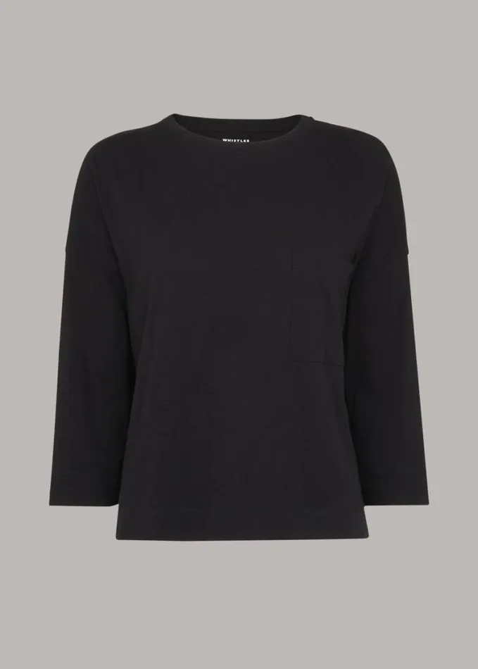 Whistles Cotton Patch Pocket Top Black Women Tops