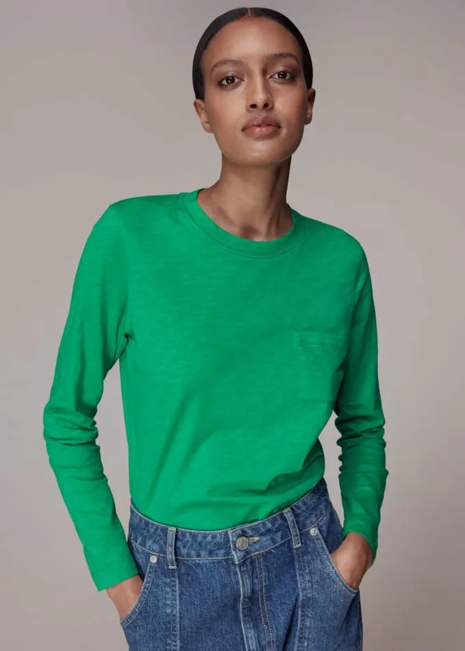 Whistles Crew Neck Pocket Top Green Women Tops