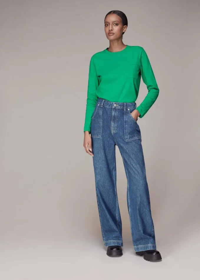 Whistles Crew Neck Pocket Top Green Women Tops